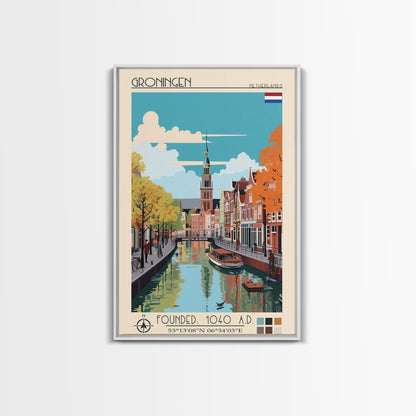 Groningen Netherlands Travel Poster Framed Canvas Print, Midcentury Modern Art, Pop Art Wall Decor, Scenic Living Room Art, Bedroom Gift