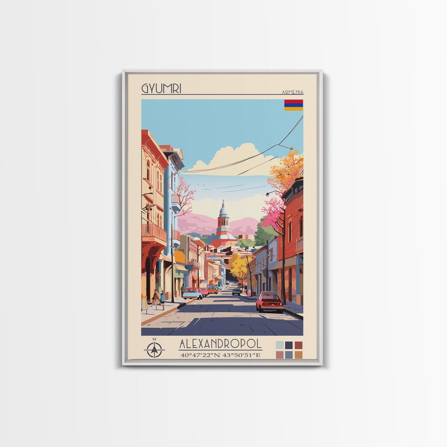 Gyumri Armenia Travel Poster Framed Canvas Print, Midcentury Modern Art, Pop Art Wall Decor, Home Decor, Vacation Gift, Bedroom Art