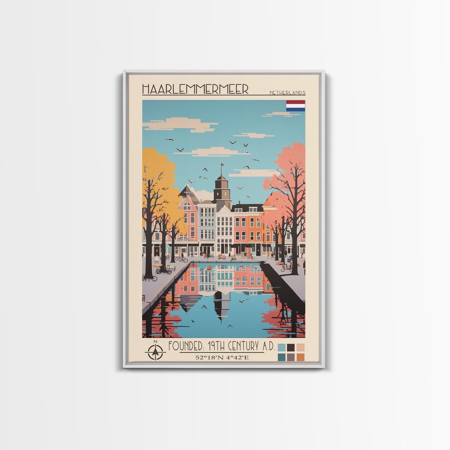 Haarlemmermeer Netherlands Travel Poster Framed Canvas Print, Midcentury Modern Art, Pop Art Wall Decor, Scenic Wall Art, Living Room Decoration, Office Art