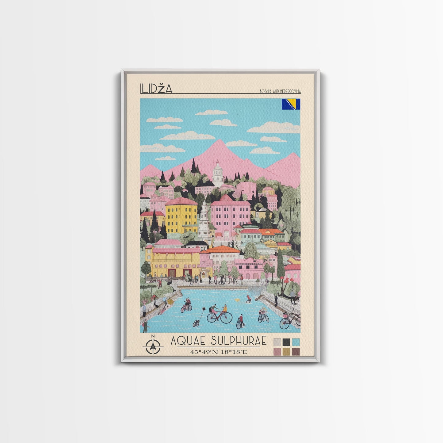 Ilidža Bosnia and Herzegovina Travel Poster Framed Canvas Print, Midcentury Modern Art, Pop Art Wall Decor, Scenic Wall Art, Bedroom Decoration