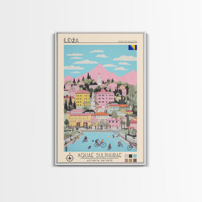 Ilidža Bosnia and Herzegovina Travel Poster Framed Canvas Print, Midcentury Modern Art, Pop Art Wall Decor, Scenic Wall Art, Bedroom Decoration