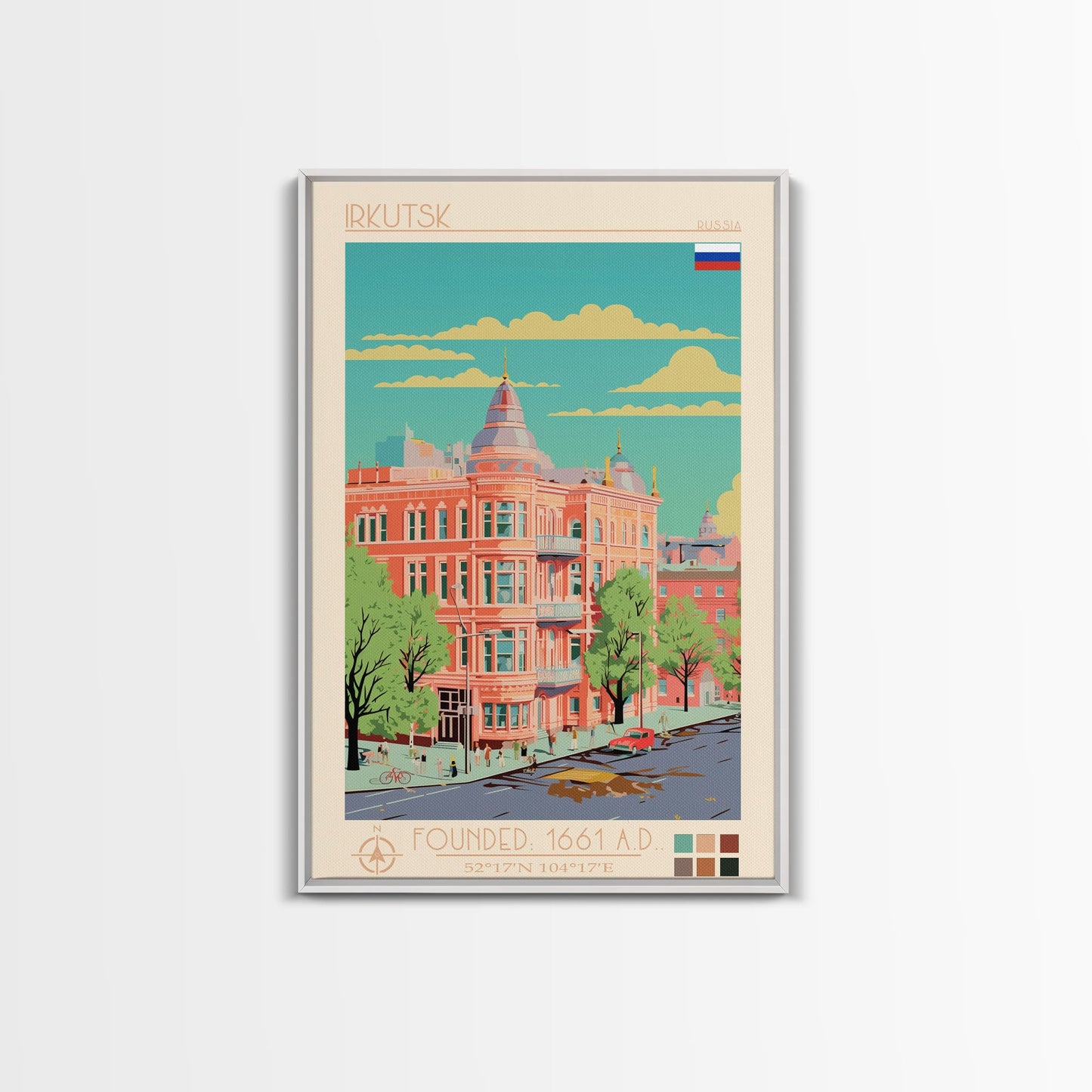 Irkutsk Russia Travel Poster Framed Canvas Print, Midcentury Modern Art, Pop Art Wall Decor, Scenic Bedroom Art, Office Decoration