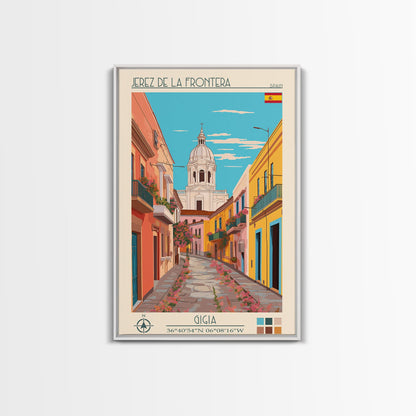 Jerez de la Frontera Spain Travel Poster Framed Canvas Print, Midcentury Modern Art, Pop Art Wall Decor, Scenic Bedroom Art, Office Decoration