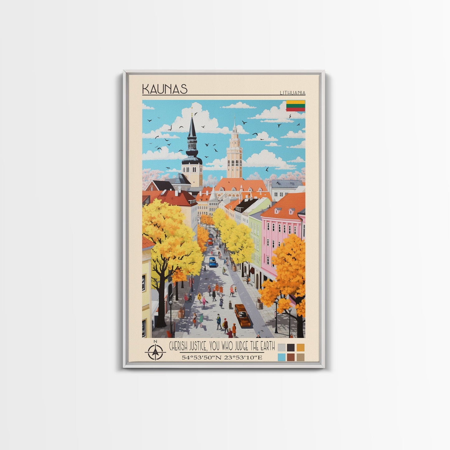Kaunas Lithuania Travel Poster Framed Canvas Print, Midcentury Modern Art, Pop Art Wall Decor, Scenic Living Room Art, Bedroom Gift