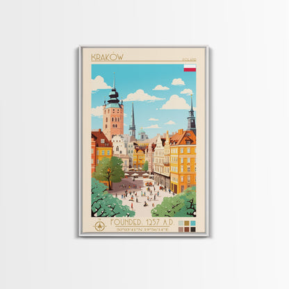 Kraków Poland Travel Poster Framed Canvas Print, Midcentury Modern Art, Pop Art Wall Decor, Home Decor, Vacation Gift, Bedroom Art