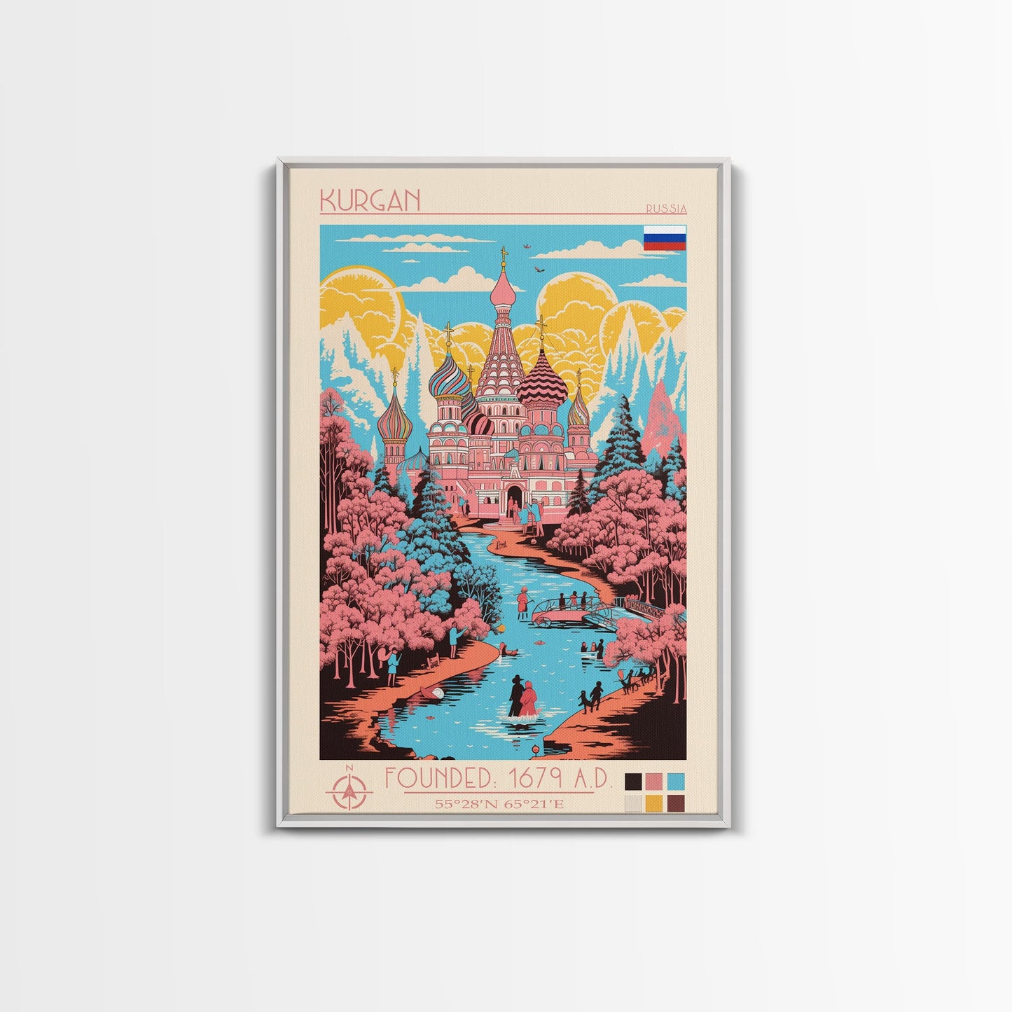 Kurgan Russia Travel Poster Framed Canvas Print, Midcentury Modern Art, Pop Art Wall Decor, Scenic Wall Art, Living Room Decoration, Office Gift