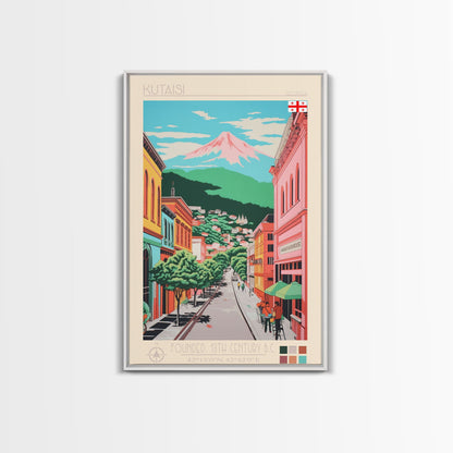 Kutaisi Georgia Travel Poster Framed Canvas Print, Midcentury Modern Art, Pop Art Wall Decor, Scenic Living Room Art, Bedroom Decor