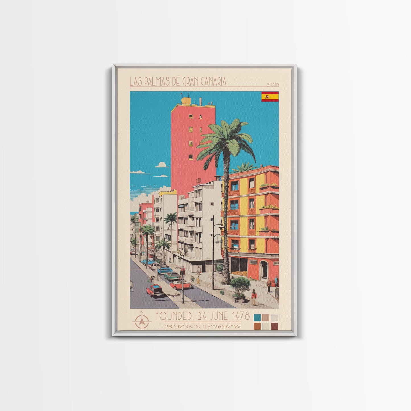 Las Palmas de Gran Canaria Spain Travel Poster Framed Canvas Print, Midcentury Modern Art, Pop Art Wall Decor, Scenic Wall Art, Bedroom Decoration