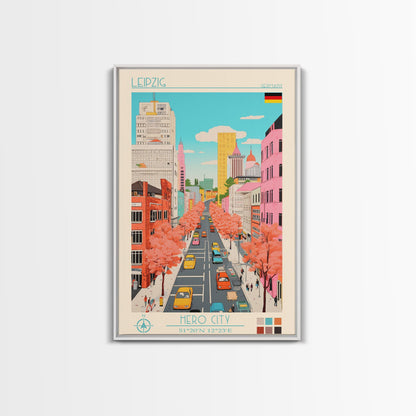 Leipzig Germany Travel Poster Framed Canvas Print, Midcentury Modern Art, Pop Art Wall Decor, Scenic Living Room Art, Bedroom Gift