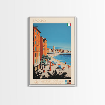 Livorno Italy Travel Poster Framed Canvas Print, Wall Decor, Midcentury Modern Art, Pop Art, Scenic Art for Bedroom and Office
