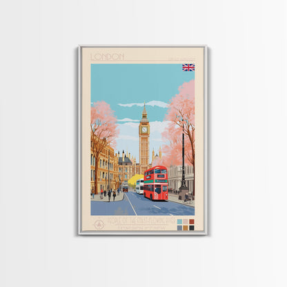 London United Kingdom Travel Poster Framed Canvas Print, Wall Decor, Midcentury Modern Art, Pop Art, Scenic Art for Office and Home