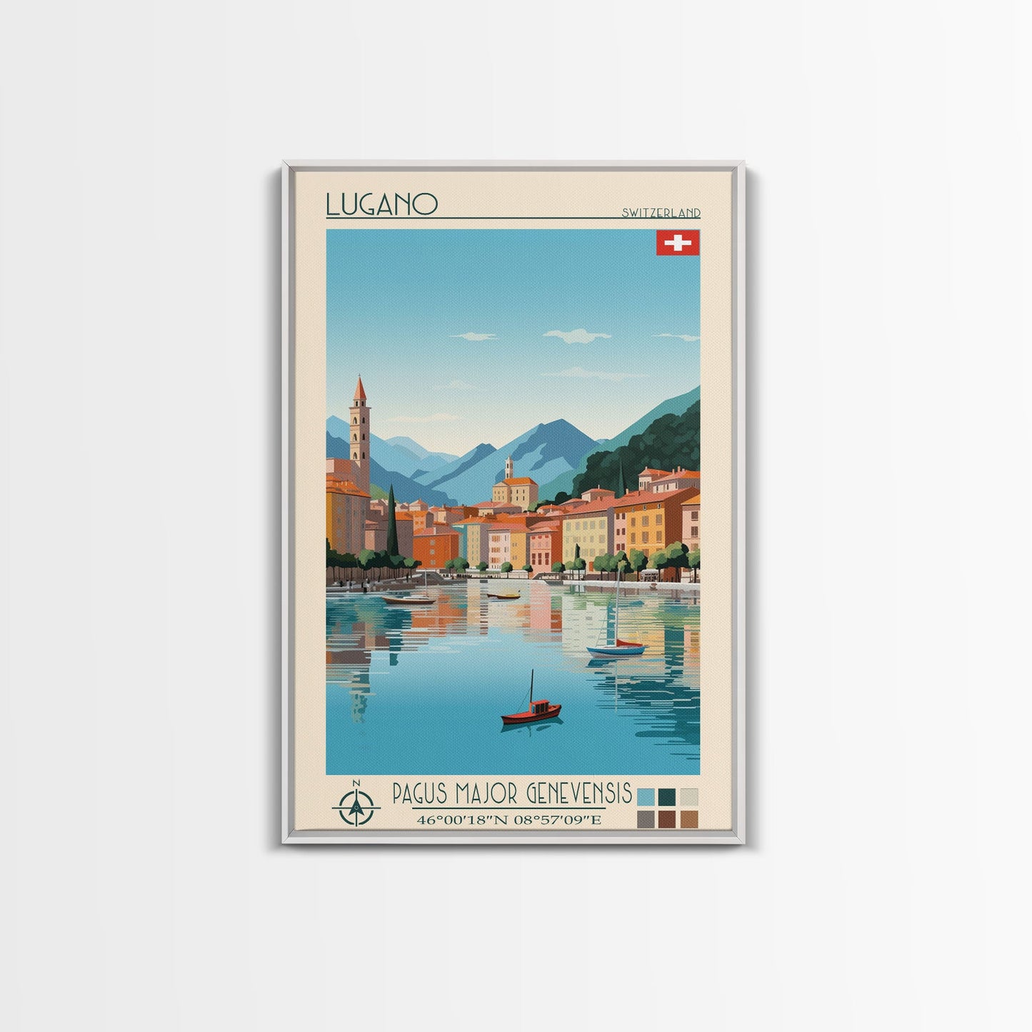 Lugano Switzerland Travel Poster Framed Canvas Print, Midcentury Modern Art, Pop Art Wall Decor, Scenic Art, Bedroom and Living Room Decor