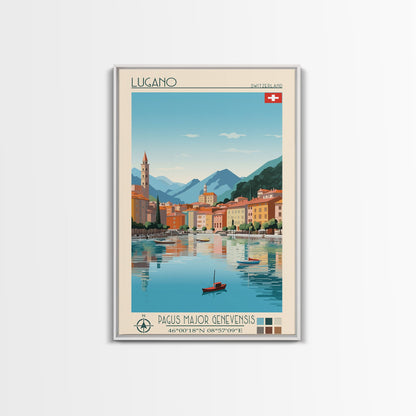 Lugano Switzerland Travel Poster Framed Canvas Print, Midcentury Modern Art, Pop Art Wall Decor, Scenic Art, Bedroom and Living Room Decor