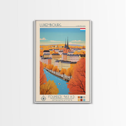 Luxembourg Luxembourg Travel Poster Framed Canvas Print, Midcentury Modern Art, Pop Art Wall Decor, Scenic Art, Bedroom and Living Room Decor