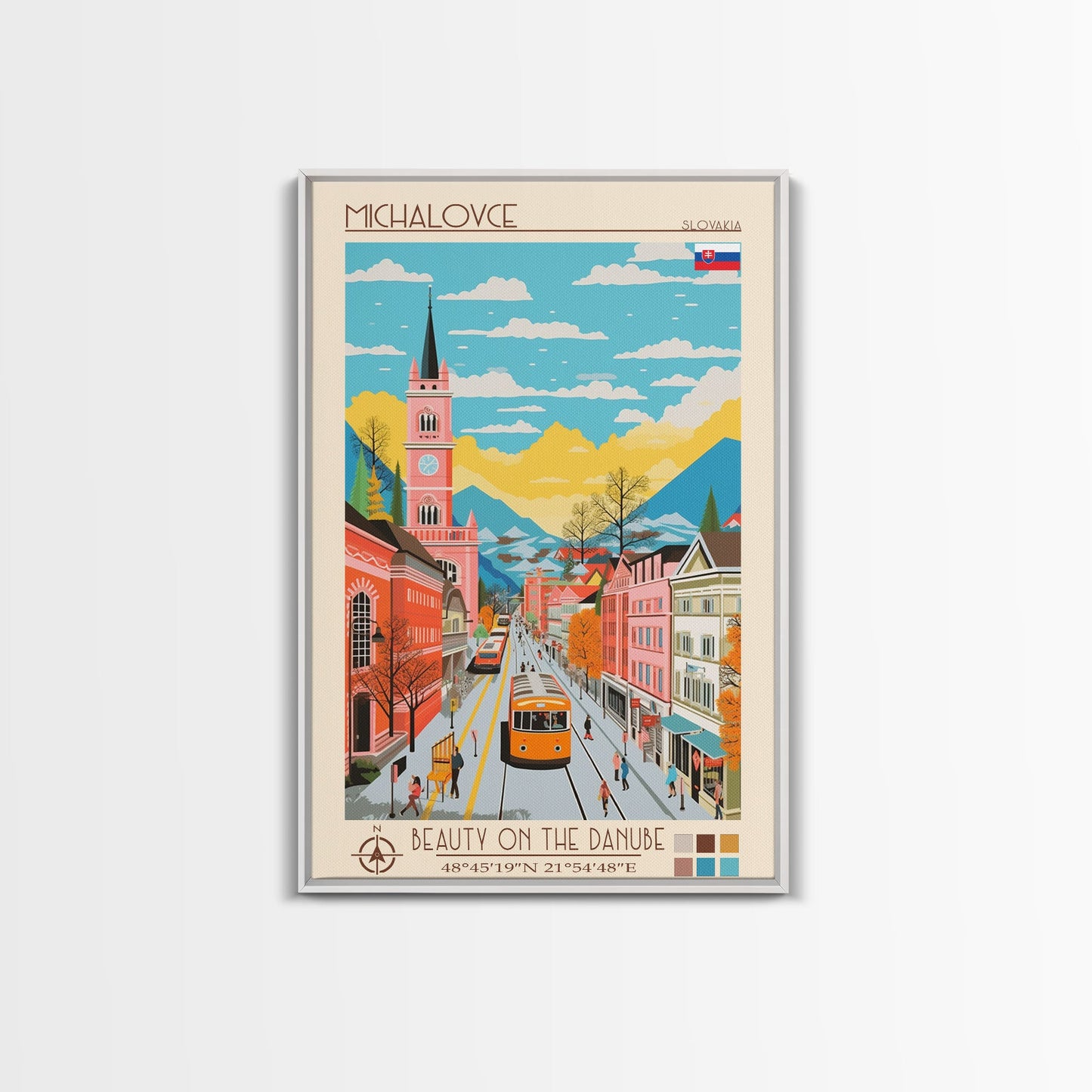 Michalovce Slovakia Travel Poster Framed Canvas Print, Midcentury Modern Art, Pop Art Wall Decor, Scenic Wall Art, Living Room Decoration, Office Art
