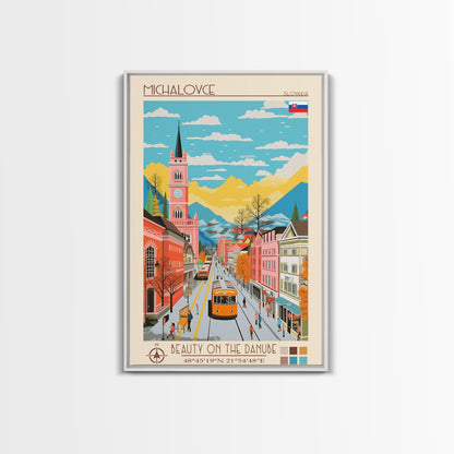 Michalovce Slovakia Travel Poster Framed Canvas Print, Midcentury Modern Art, Pop Art Wall Decor, Scenic Wall Art, Living Room Decoration, Office Art