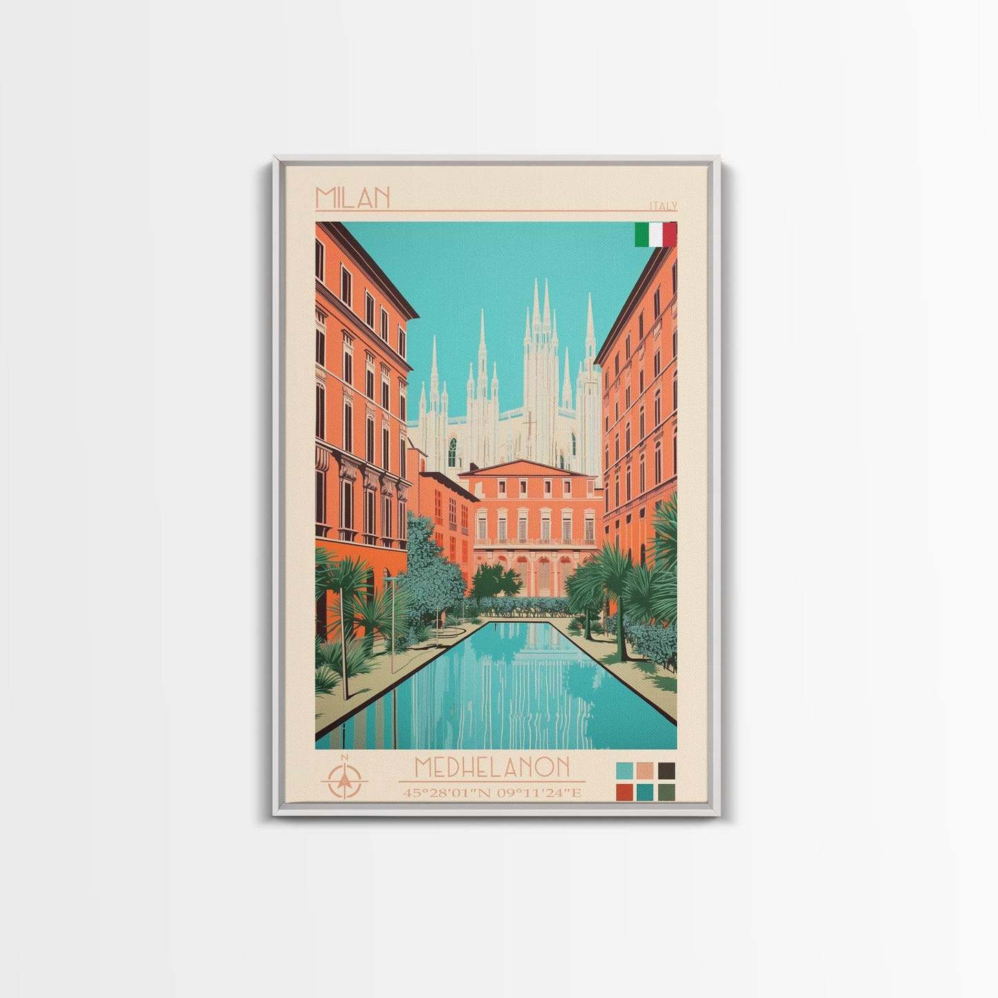 Milan Italy Travel Poster Framed Canvas Print, Midcentury Modern Art, Pop Art Wall Decor, Scenic Bedroom Art, Office Decoration