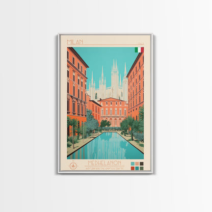 Milan Italy Travel Poster Framed Canvas Print, Midcentury Modern Art, Pop Art Wall Decor, Scenic Bedroom Art, Office Decoration