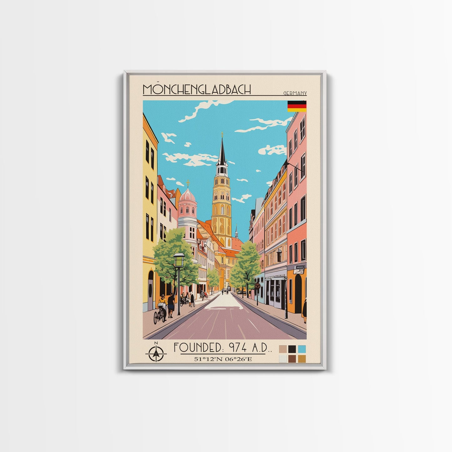 Mönchengladbach Germany Travel Poster Framed Canvas Print, Midcentury Modern Art, Pop Art Wall Decor, Scenic Living Room Art, Bedroom Gift