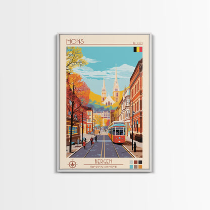 Mons Belgium Travel Poster Framed Canvas Print, Midcentury Modern Art, Pop Art Wall Decor, Home Decor, Vacation Gift, Office Art