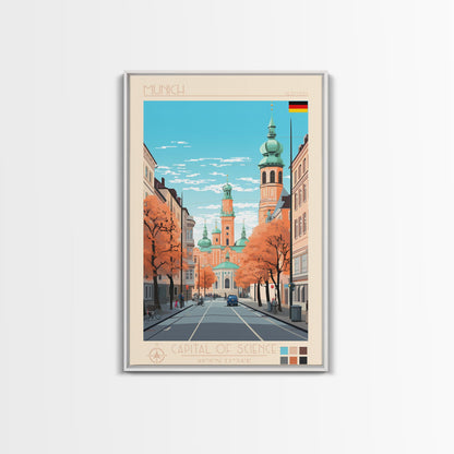 Munich Germany Travel Poster Framed Canvas Print, Midcentury Modern Art, Pop Art Wall Decor, Scenic Wall Art, Living Room Decoration, Office Gift