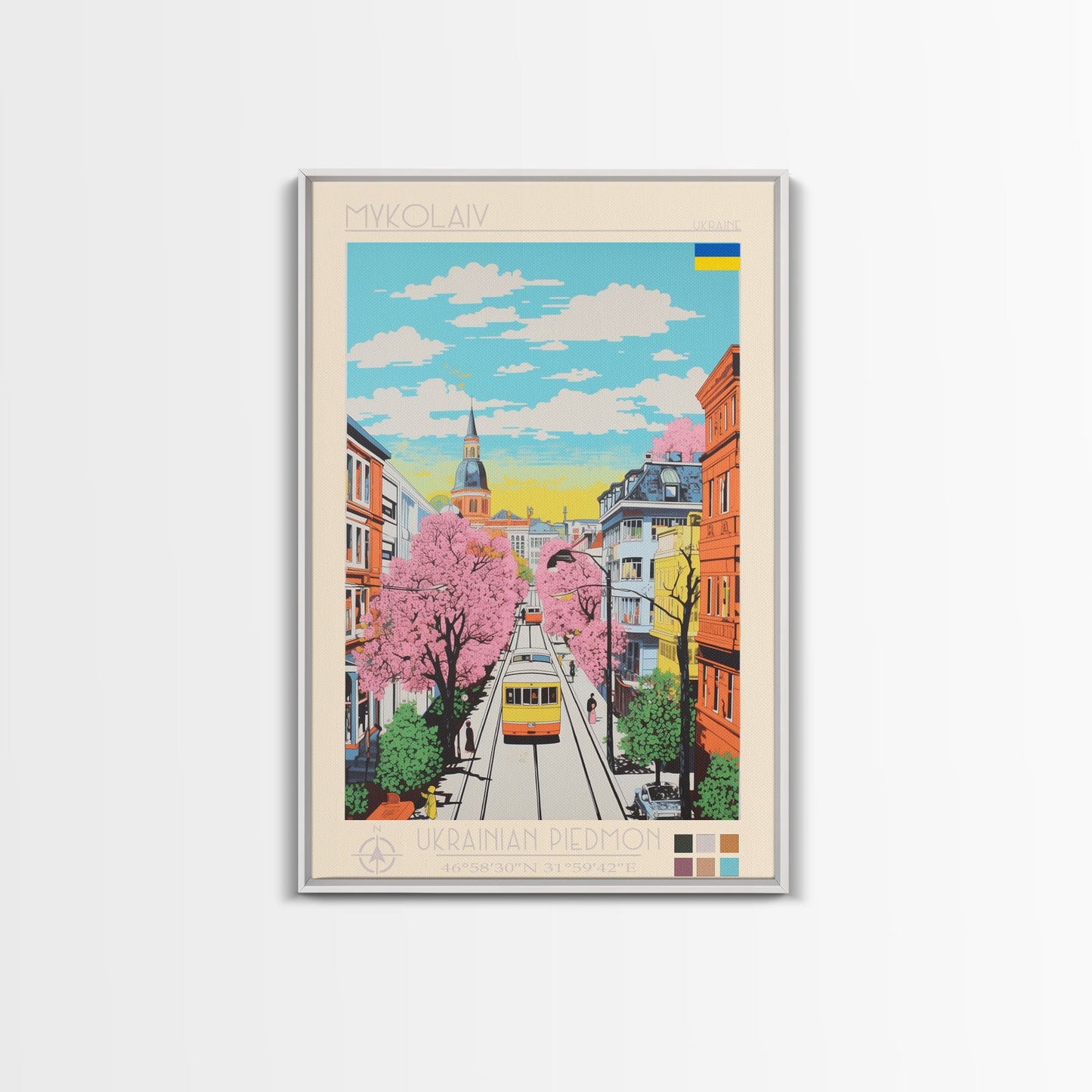 Mykolaiv Ukraine Travel Poster Framed Canvas Print, Midcentury Modern Art, Pop Art Wall Decor, Scenic Bedroom Art, Office Decoration