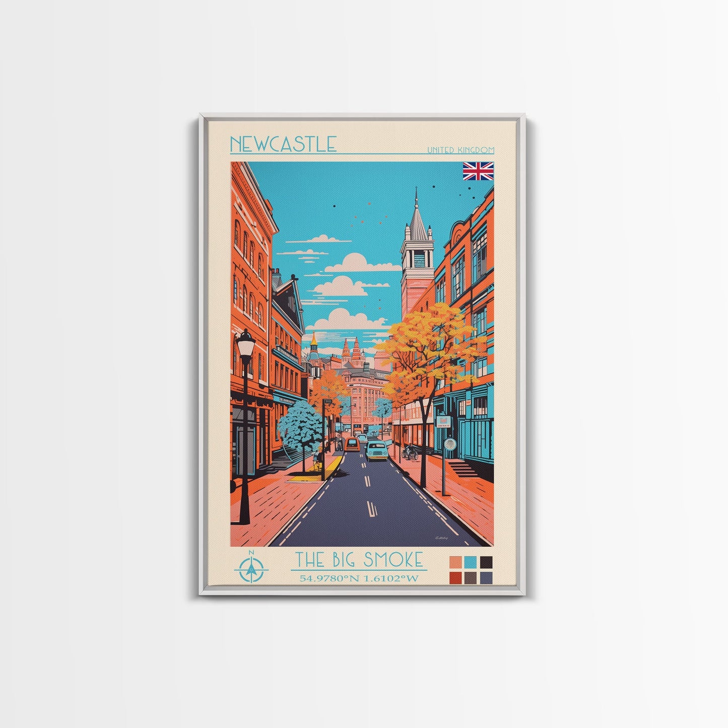 Newcastle United Kingdom Travel Poster Framed Canvas Print, Midcentury Modern Art, Pop Art Wall Decor, Scenic Living Room Art, Bedroom Decor