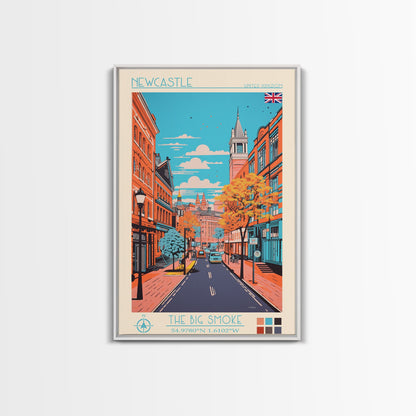 Newcastle United Kingdom Travel Poster Framed Canvas Print, Midcentury Modern Art, Pop Art Wall Decor, Scenic Living Room Art, Bedroom Decor