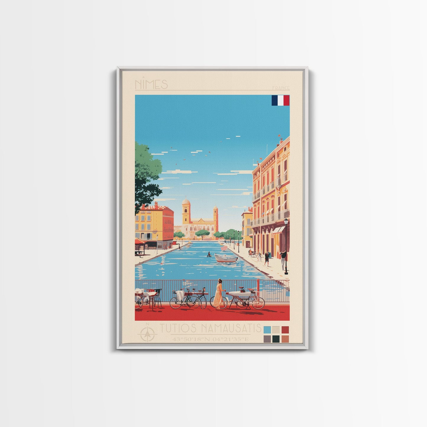 Nimes France Travel Poster Framed Canvas Print, Midcentury Modern Art, Pop Art Wall Decor, Scenic Living Room Art, Bedroom Gift
