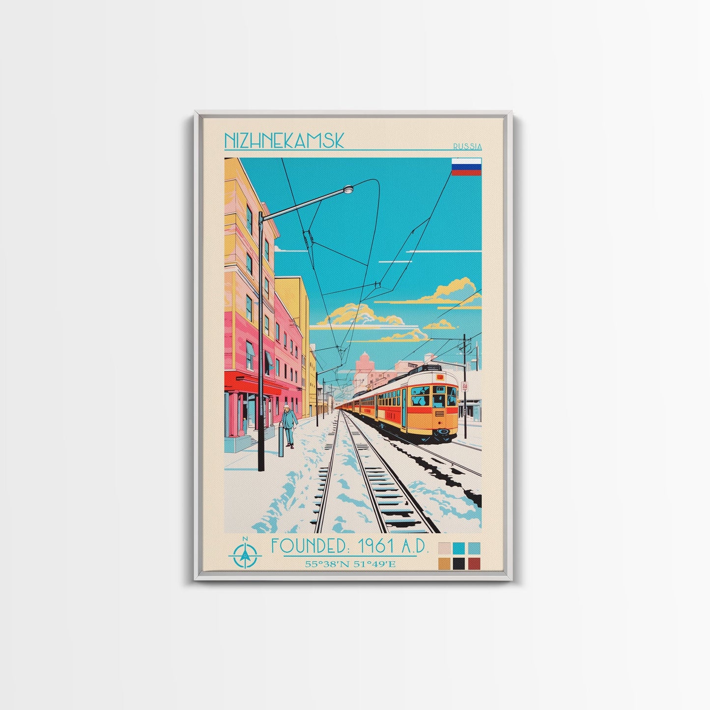 Nizhnekamsk Russia Travel Poster Framed Canvas Print, Midcentury Modern Art, Pop Art Wall Decor, Scenic Wall Art, Bedroom Decoration
