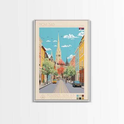 Novi Sad Serbia Travel Poster Framed Canvas Print, Midcentury Modern Art, Pop Art Wall Decor, Scenic Wall Art, Bedroom Decoration