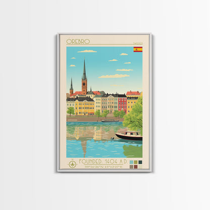 Örebro Sweden Travel Poster Framed Canvas Print, Midcentury Modern Art, Pop Art Wall Decor, Living Room Art, Home Decoration