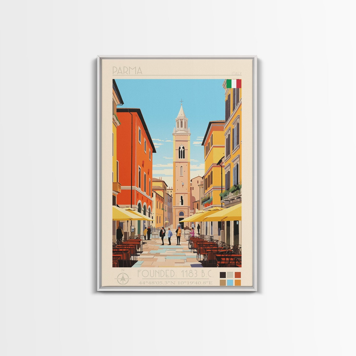 Parma Italy Travel Poster Framed Canvas Print, Midcentury Modern Art, Pop Art Wall Decor, Scenic Wall Art, Bedroom Decoration