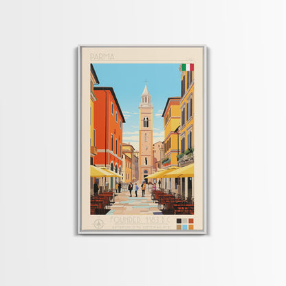 Parma Italy Travel Poster Framed Canvas Print, Midcentury Modern Art, Pop Art Wall Decor, Scenic Wall Art, Bedroom Decoration