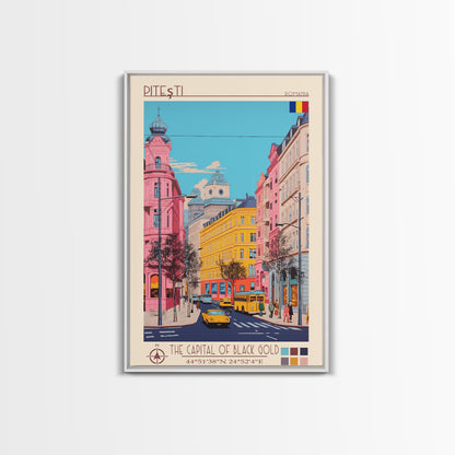 Pitești Romania Travel Poster Framed Canvas Print, Midcentury Modern Art, Pop Art Wall Decor, Home Decor, Vacation Gift, Bedroom Art