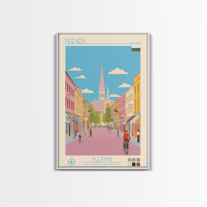 Pleven Bulgaria Travel Poster Framed Canvas Print, Midcentury Modern Art, Pop Art Wall Decor, Scenic Wall Art, Living Room Decoration, Office Gift