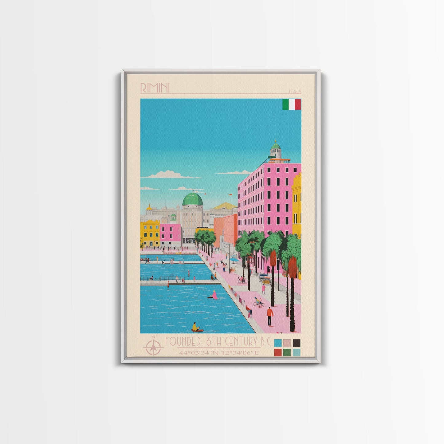 Rimini Italy Travel Poster Framed Canvas Print, Midcentury Modern Art, Pop Art Wall Decor, Scenic Bedroom Art, Office Decoration