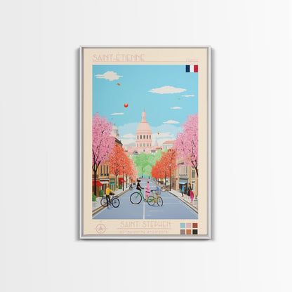 Saint-Étienne France Travel Poster Framed Canvas Print, Midcentury Modern Art, Pop Art Wall Decor, Living Room Art, Vacation Gift