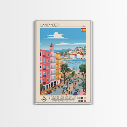 Santander Spain Travel Poster Framed Canvas Print, Midcentury Modern Art, Pop Art Wall Decor, Scenic Wall Art, Vacation Gift
