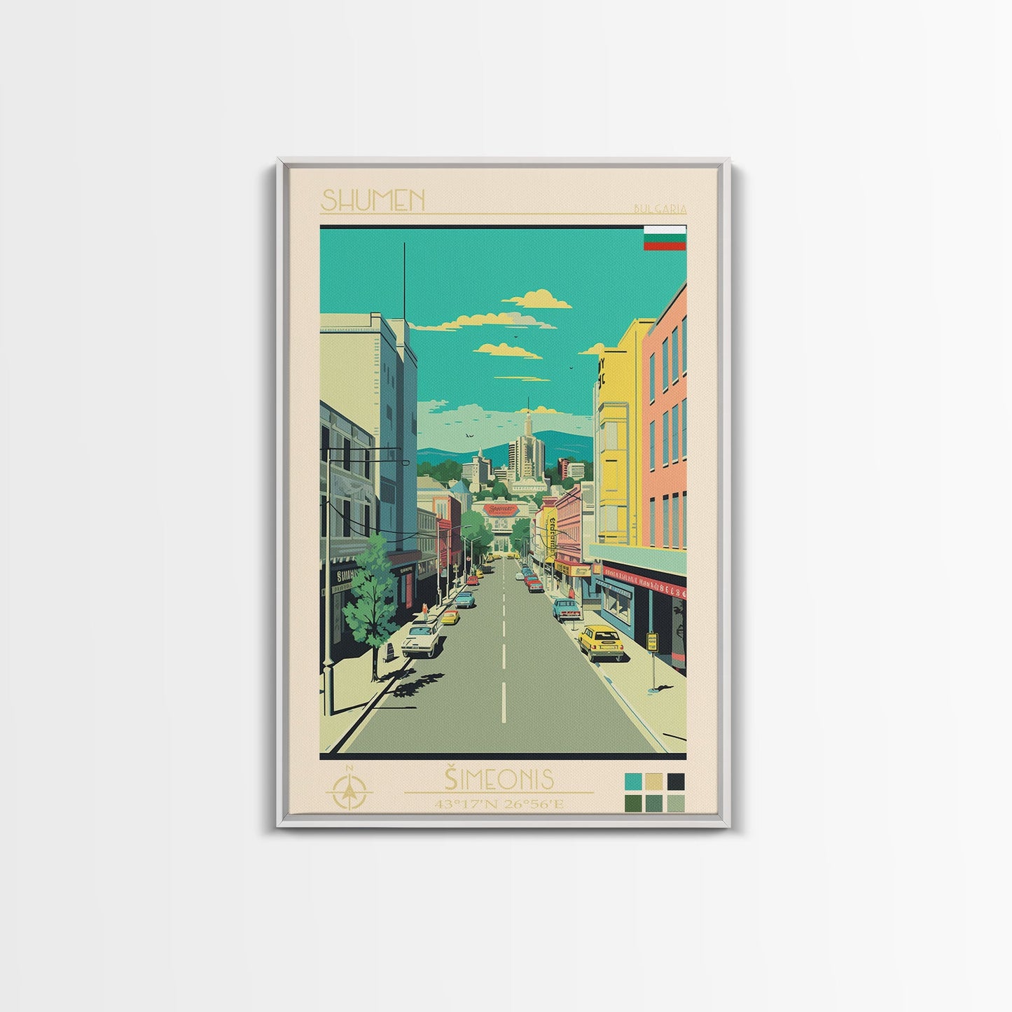 Shumen Bulgaria Travel Poster Framed Canvas Print, Midcentury Modern Art, Pop Art Wall Decor, Home Decor, Office Decoration, Scenic Art