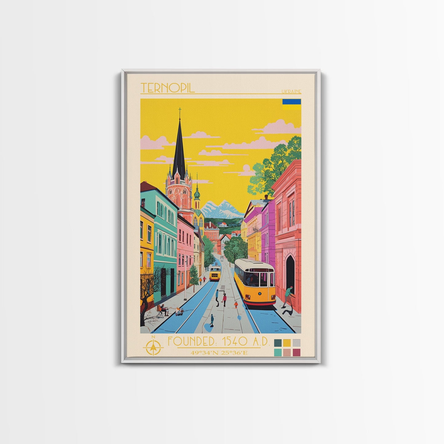 Ternopil Ukraine Travel Poster Framed Canvas Print, Midcentury Modern Art, Pop Art Wall Decor, Living Room Art, Scenic Wall Art