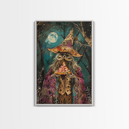Ghostly Wizard Having A  Slice of Pizza, Funny Halloween Decor, Framed Canvas Print