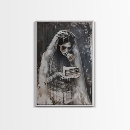 Melancholic Ghost Bride Having A Slice of Birthday Cake, Framed Canvas Print, Halloween Decor