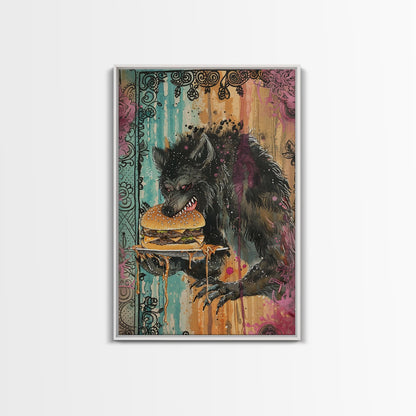 Halloween Creepy Werewolf with Burger Framed Canvas Print, Wall Art, Living Room Decor, Kitchen Art, Unique Halloween Gift, Spooky Decor