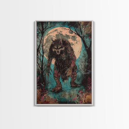 Halloween Horror Full Moon Werewolf Framed Canvas Print, Wall Art, Living Room Decor, Halloween Decor, Spooky Wall Hanging, Haunted House