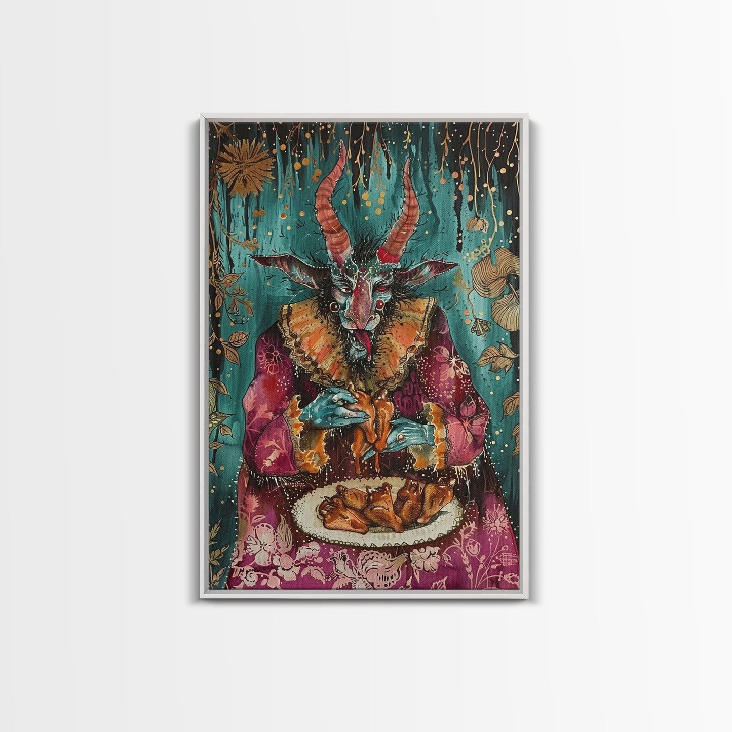 A demon eating some hot wings - hope he didn't sell his soul for them they look pretty good! Halloween Wall Art Framed Canvas