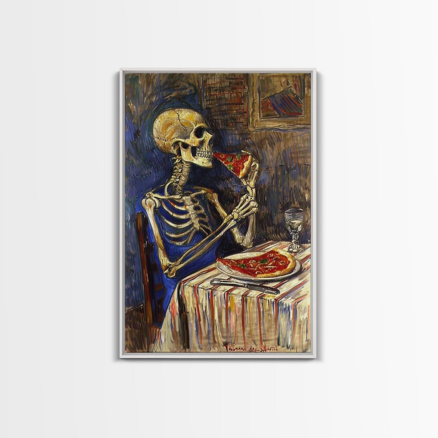 Funny Skeleton Eating A Pizza, Framed Canvas Print, Halloween Decor