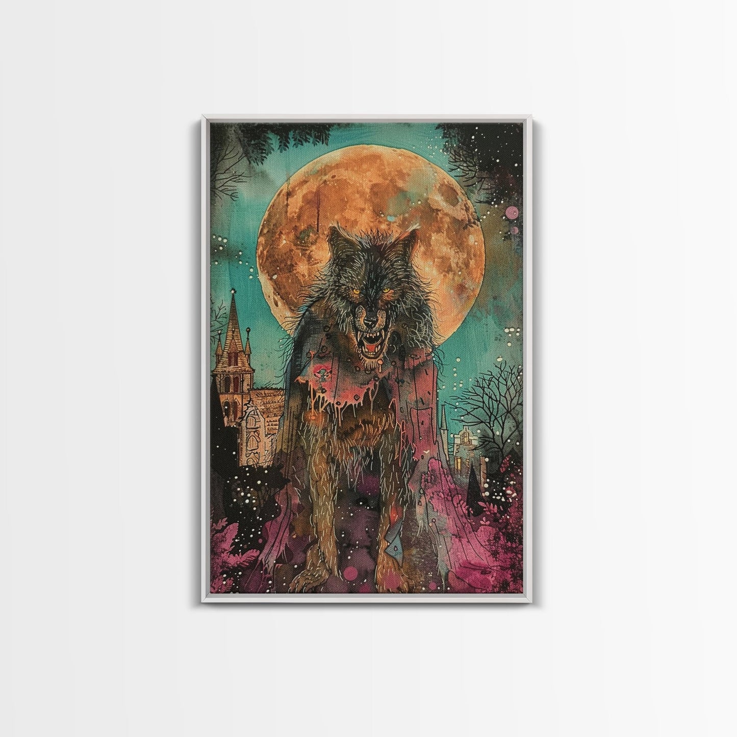Fierce Werewolf with Blood Moon Framed Canvas Print | Halloween Monster Art | Spooky Werewolf Decor for Home | Intense Full Moon Artwork