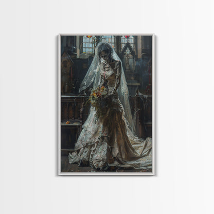 Ghostly Bride in Abandoned Church Framed Canvas Print | Halloween Bride Art | Eerie Bride Decor for Home | Haunted Wedding Artwork