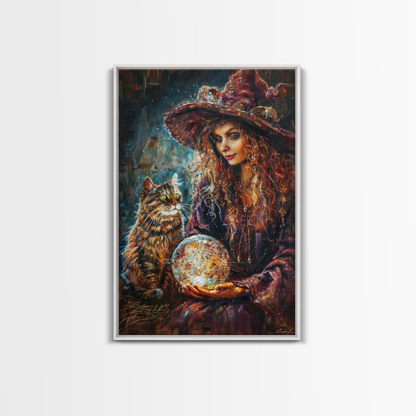 Enchanting Witch with Crystal Ball, Framed Canvas Print, Mystical Halloween Art, Spooky Witch Decor, Witchcraft Illustration, Magical Decor